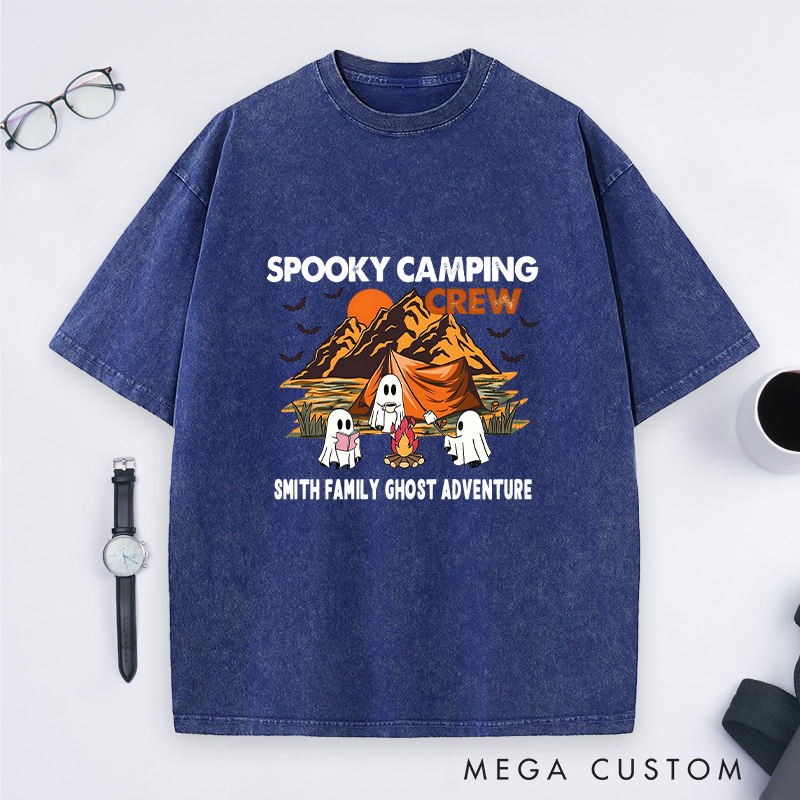 Personalized Spooky Camping Crew Washed T-Shirt Ghostly Adventures Shirt Halloween Gift Hiking Outdoors