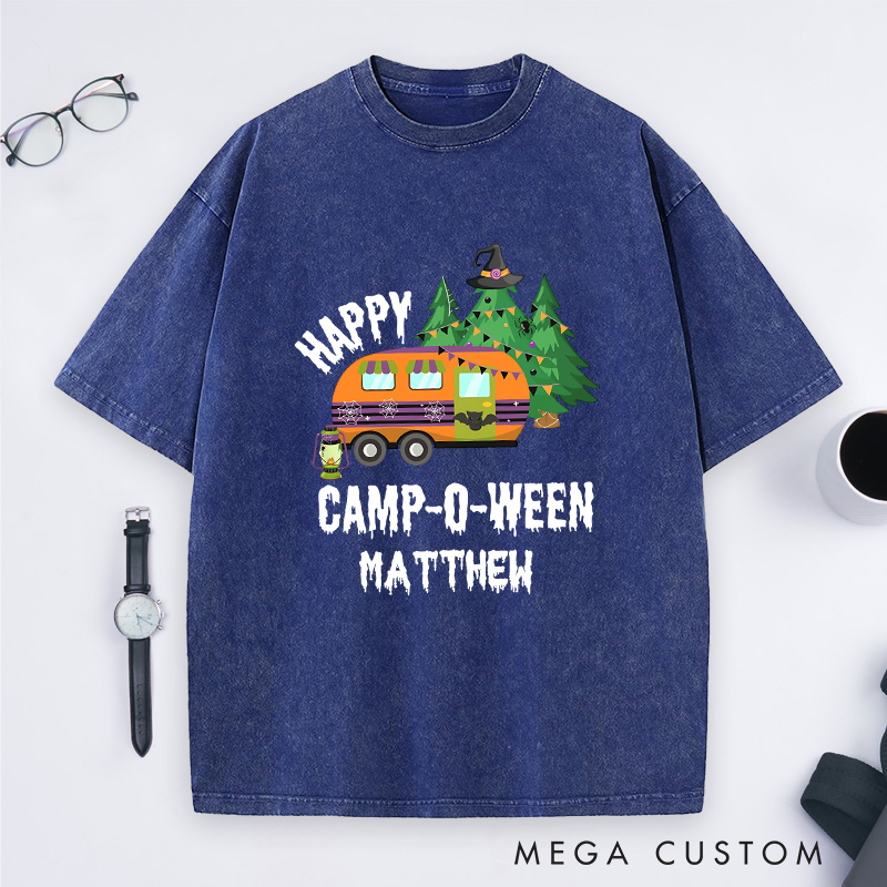 Personalized Happy Camper Halloween Washed T-Shirt Outdoor Camping Adventure Shirt Halloween Gift for Hiking