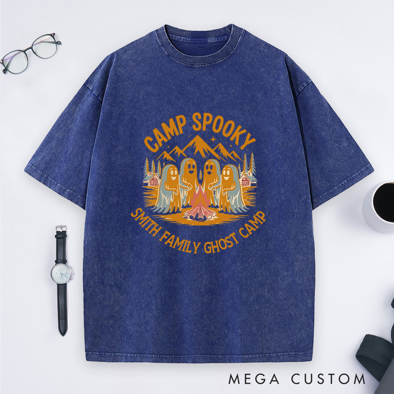 Personalized Camp Spooky Washed T-Shirt Ghostly Camping Shirt Halloween Gift for Outdoor Adventures