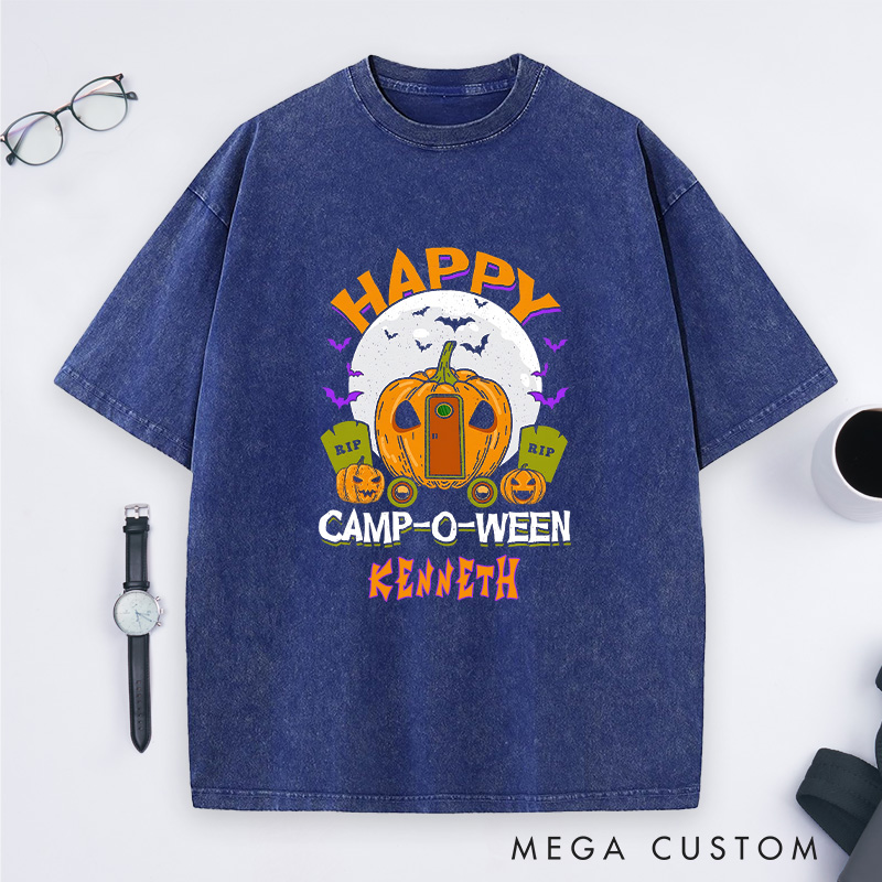 Personalized Happy Camp Halloween Washed T-Shirt Halloween Camping Shirt Gift for Outdoor