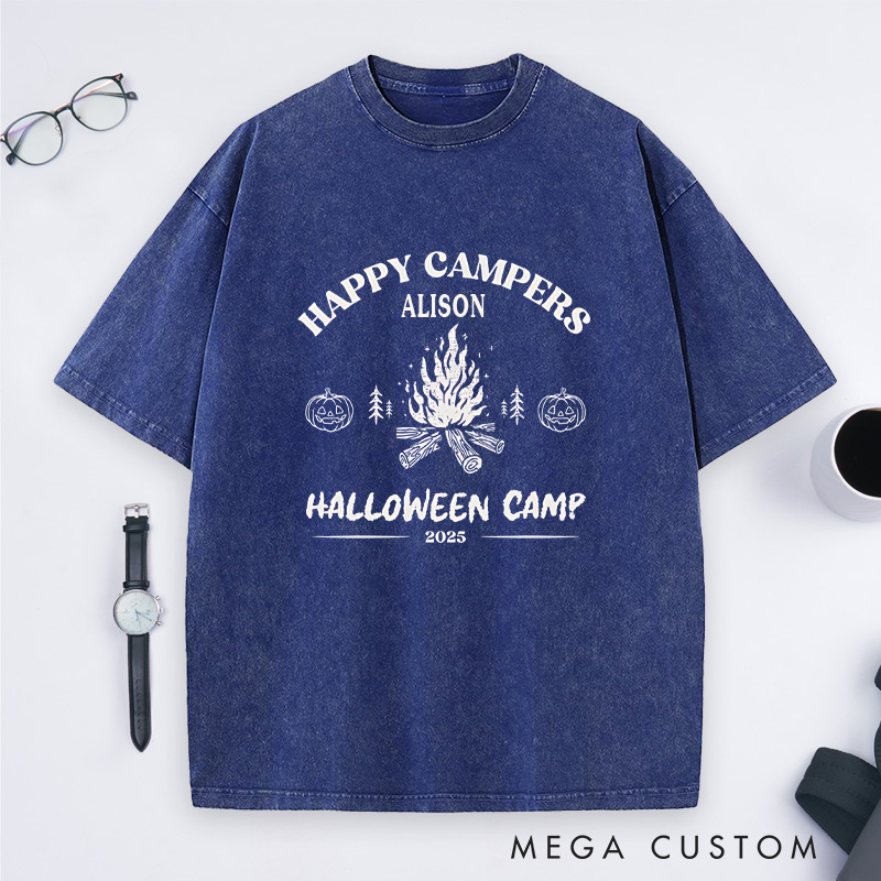 Personalized Halloween Happy Campers Washed T-Shirt Outdoor Bonfire Shirt Halloween Gift for Hiking
