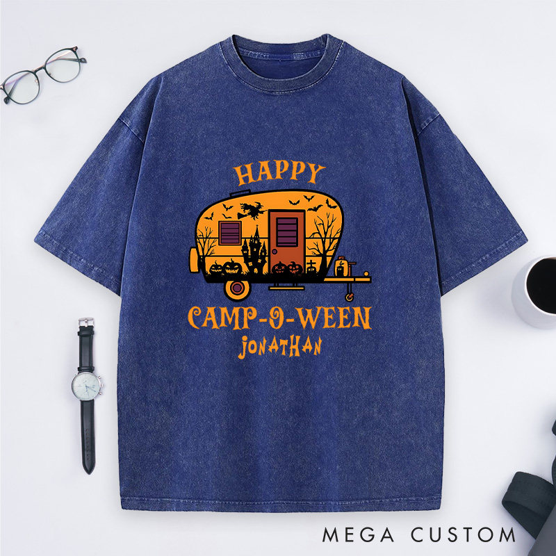 Personalized Halloween Camping Adventure Washed T-Shirt Happy Halloween Shirt Gift for Outdoor