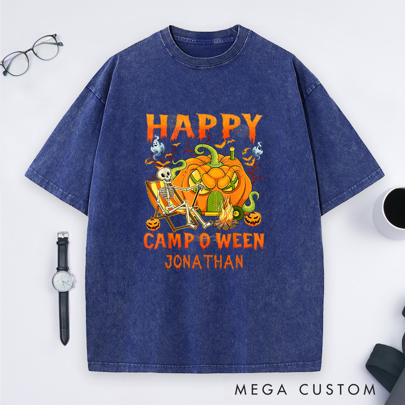 Personalized Camper Halloween Washed T-Shirt Skeleton Camping Car Pumpkin Shirt Halloween Gift Outdoor
