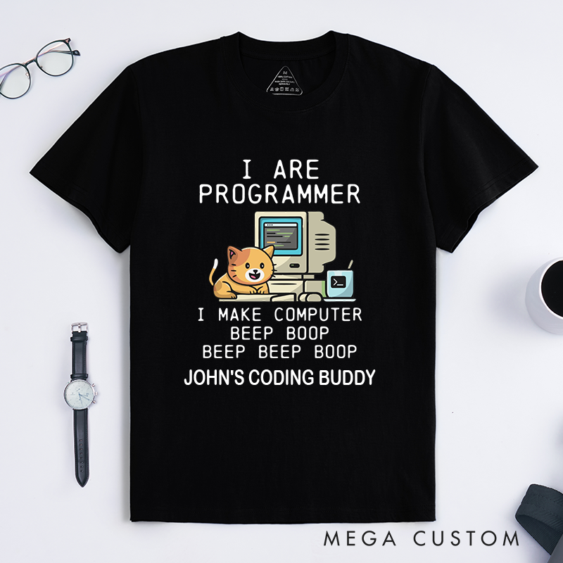 Personalized Programmer Cat T-Shirt IT Programmer Technology Lover Shirt Gift for Geek Nerd Computer