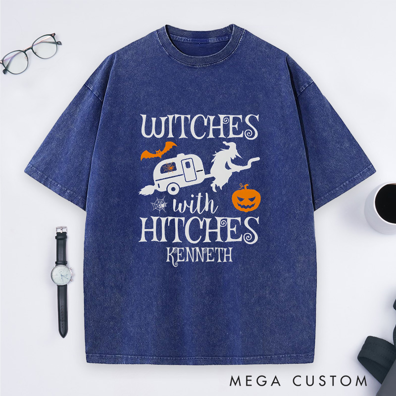 Personalized Witches with Hitches Washed T-Shirt Campers Life Lovers Shirt Spooky Pumpkin Shirt Halloween Gift Outdoor