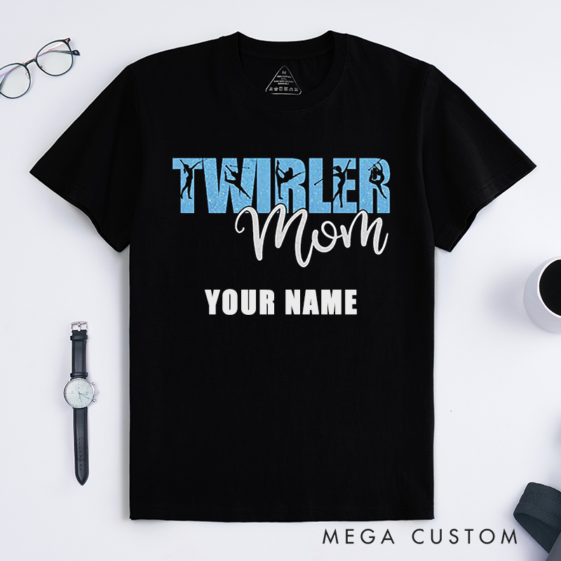 Personalized Twirler Mom T-Shirts Gift for Baton Twirling Supporter Custom Name Glitter Dance Team Parent Tee for Proud Mother