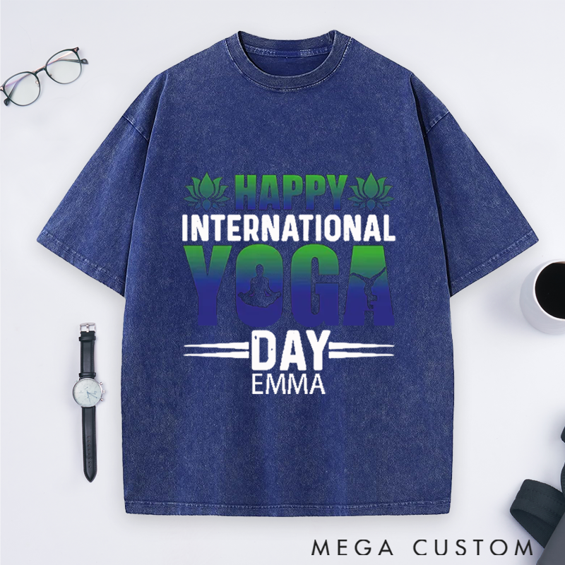 Personalized Yoga Washed T-Shirt with Happy International Yoga Day Design Perfect Gift for Yoga Lover