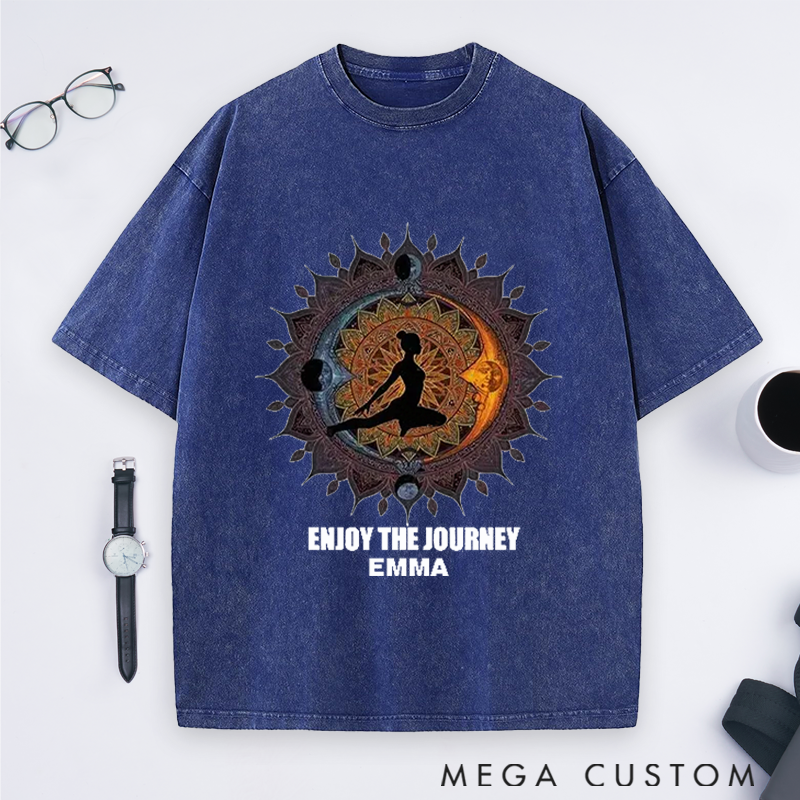 Personalized Enjoy the Journey Quote Yoga Washed T-Shirt with Mandala and Silhouette Design Perfect Gift for Yoga Lover