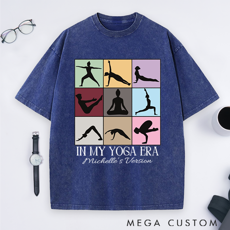 Personalized In My Yoga Era Theme Yoga Washed T-Shirt with Multicolor Yoga Pose Grid Design Perfect Gift for Yoga Lover