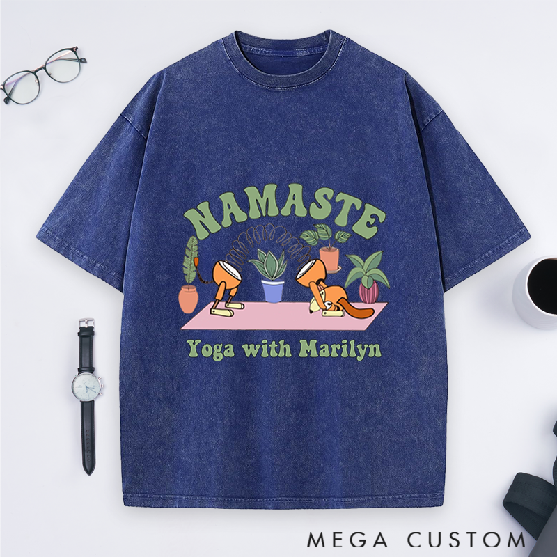 Personalized Yoga Washed T-Shirt with Namaste Theme and Cute Plant Design Perfect Gift for Yoga Lover