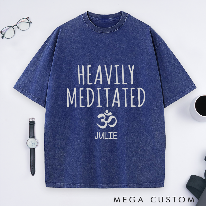 Personalized Yoga Washed T-Shirt with Heavily Meditated Design and Om Symbol Perfect Gift for Yoga Lover