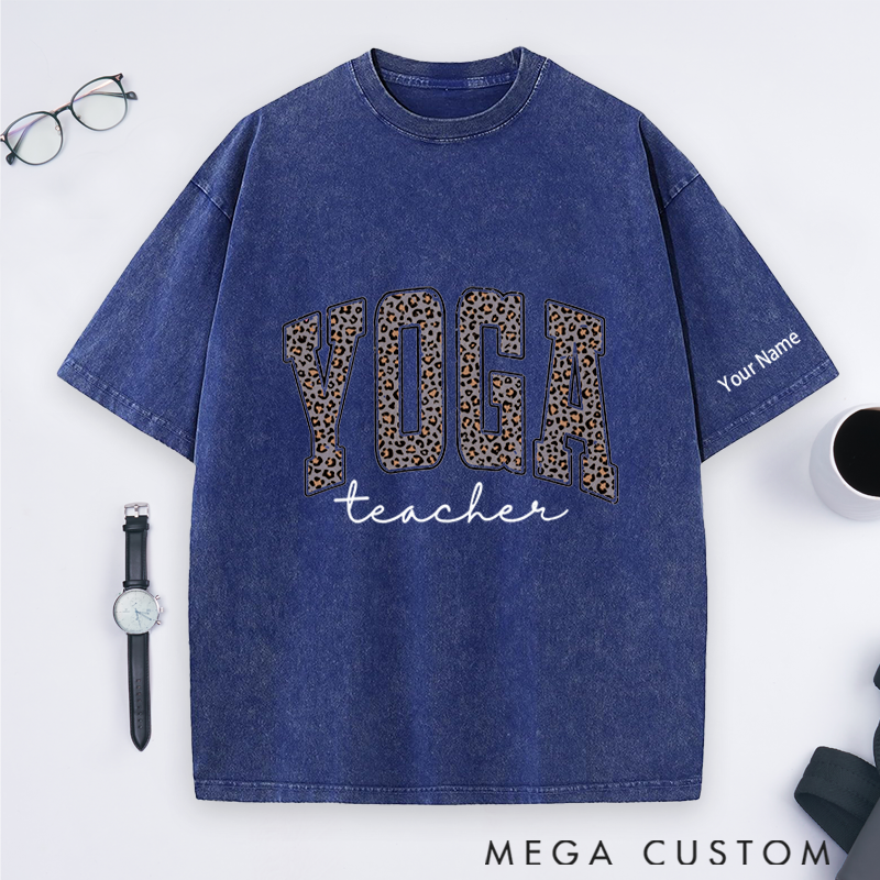 Personalized Yoga Teacher Washed T-Shirt with Leopard Print YOGA Design Perfect Gift for Yoga Lover