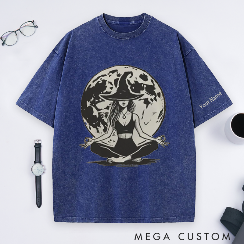 Personalized Witchy Yoga Washed T-Shirt with Mystic Moon and Meditating Witch Design Perfect Gift for Yoga Lover and Halloween