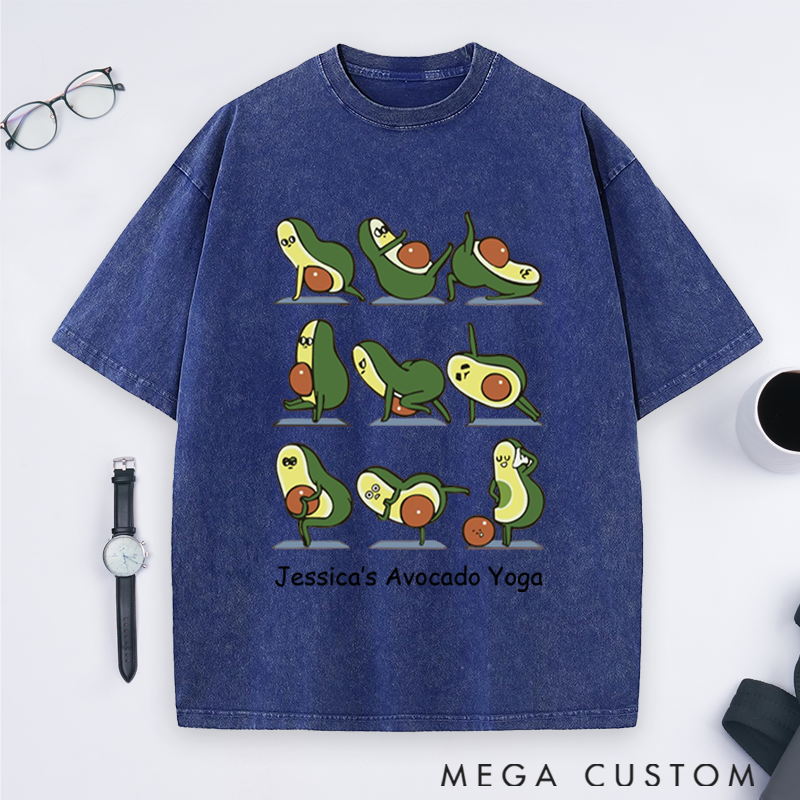 Personalized Avocado Yoga Washed T-Shirt with Cute Avocado Poses Design Perfect Gift for Yoga Lover