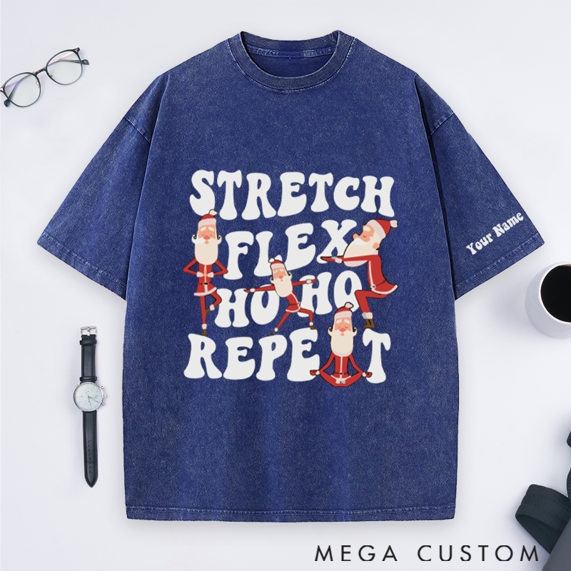 Personalized Santa Yoga Washed T-Shirt with Stretch Flex Ho Ho Repeat Design Perfect Gift for Yoga Lover and Christmas