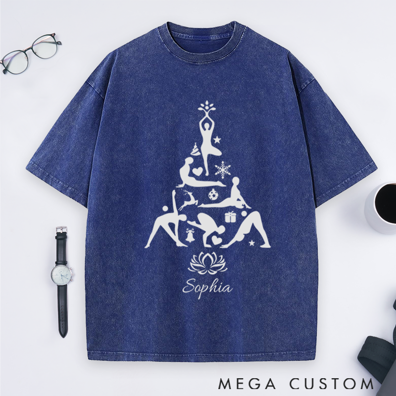 Personalized Yoga Washed T-Shirt with Christmas Tree Design Perfect Gift for Yoga Lover and Christmas