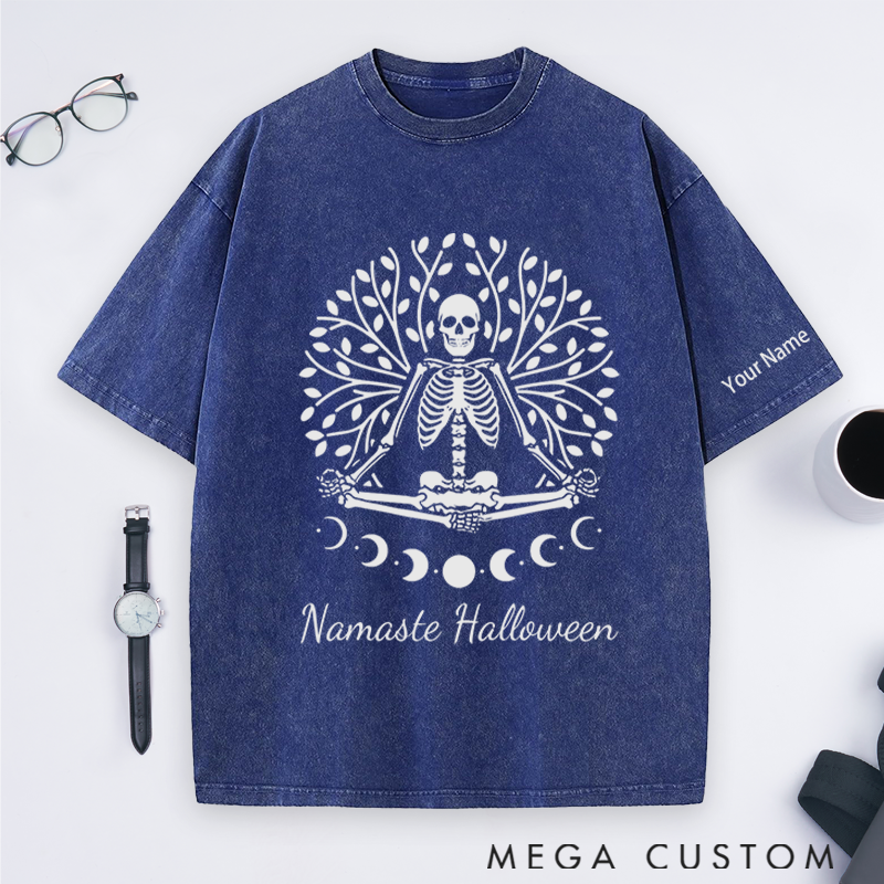Personalized Namaste Halloween Washed T-Shirt with Spooky Skeleton Yoga Design Perfect Gift for Yoga Lover and Halloween