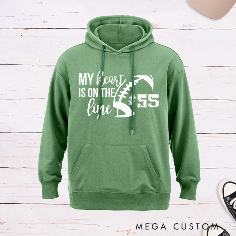 Personalized American Football Hoodie Cap for "My Heart is on the Line" with Custom Jersey Number