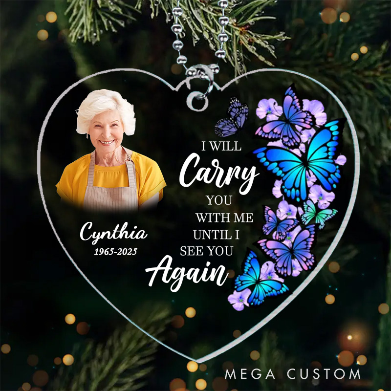Personalized Heart Shaped Memorial Ornament Customizable Photo Name Year Quote Colorful Butterflies Keepsake