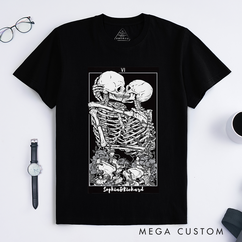 Personalized Tarot Lovers Classic T-Shirts Lovers Tarot Card T-Shirt Gothic Style Skeleton Lover Gift for Lover Couple Anniversary