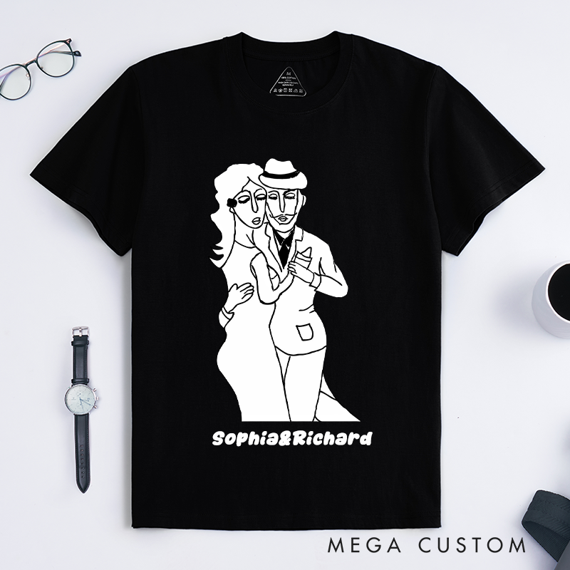 Personalized Abstract Couple Dance T-Shirts Unique Artistic Line Art Custom Name Gift for Men and Women Romantic Present for Lovers Dancers