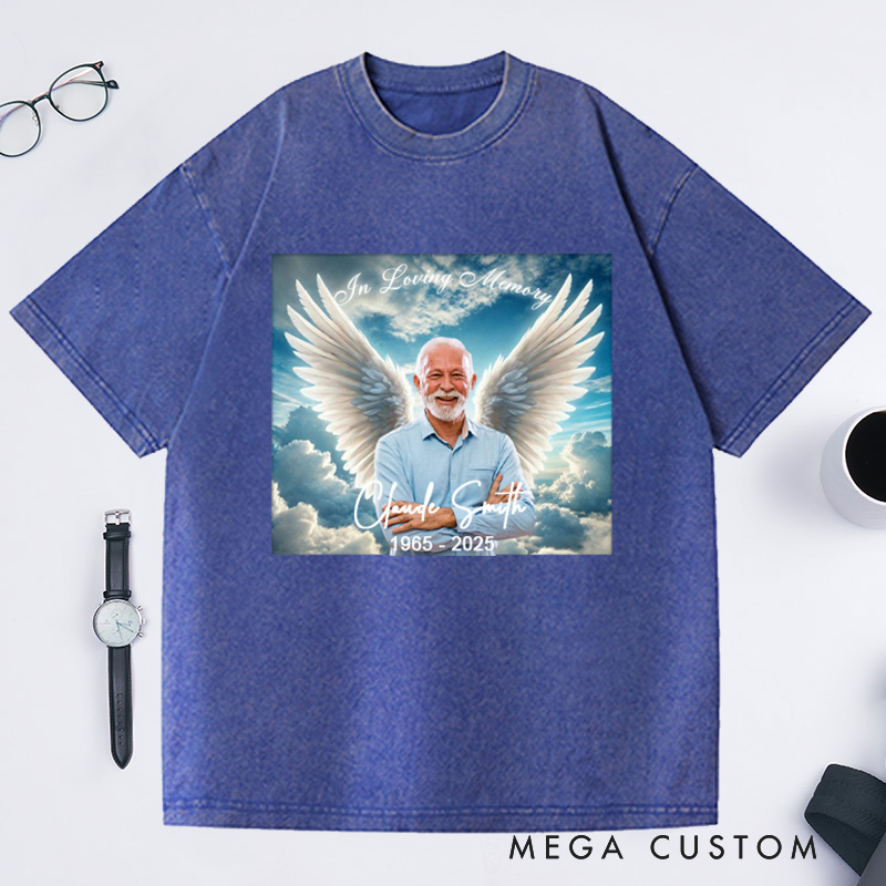 Personalized Memorial Washed T-Shirt Memorial Gift for Loss of Loved One In Loving Memory Gift Angel Wings Photo T-Shirt 