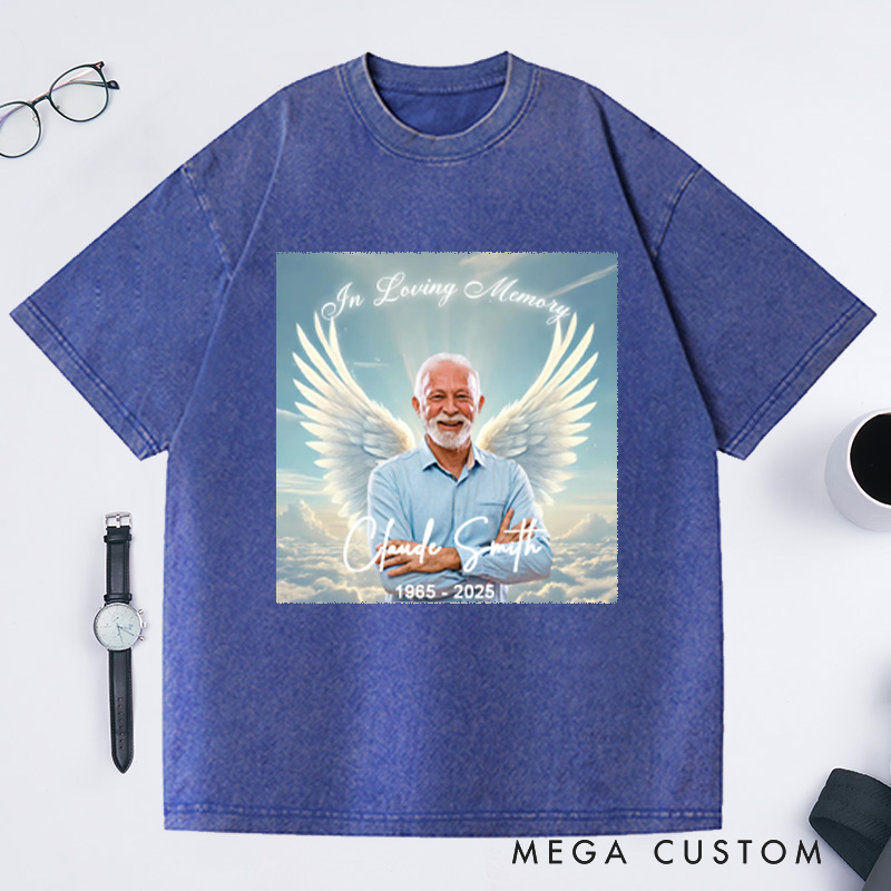 Personalized Memorial Photo Washed T-Shirt Memorial Gift for Loss of Grandfather Father and Loved One In Loving Memory Gift Angel Wings T-Shirt 