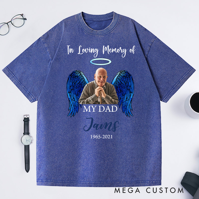Personalized Memorial Photo Washed T-Shirt Memorial Gift for Loss of Grandfather In Loving Memory Gift Angel Wings T-Shirt 