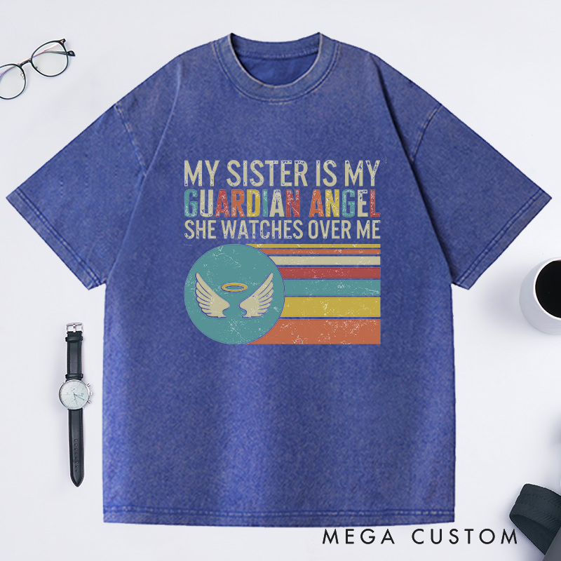 Personalized Sister Memorial Washed T-Shirt Retro Stripes Guardian Angel Watches Over Sympathy Gift Loss of Sister