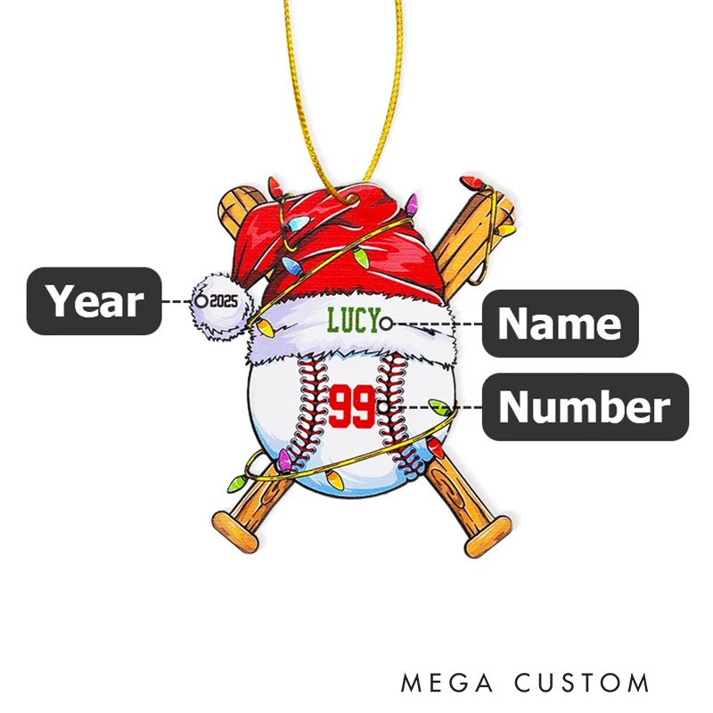 Personalized Acrylic Santa Hat Baseball Christmas Ornament with Name Number and Year 