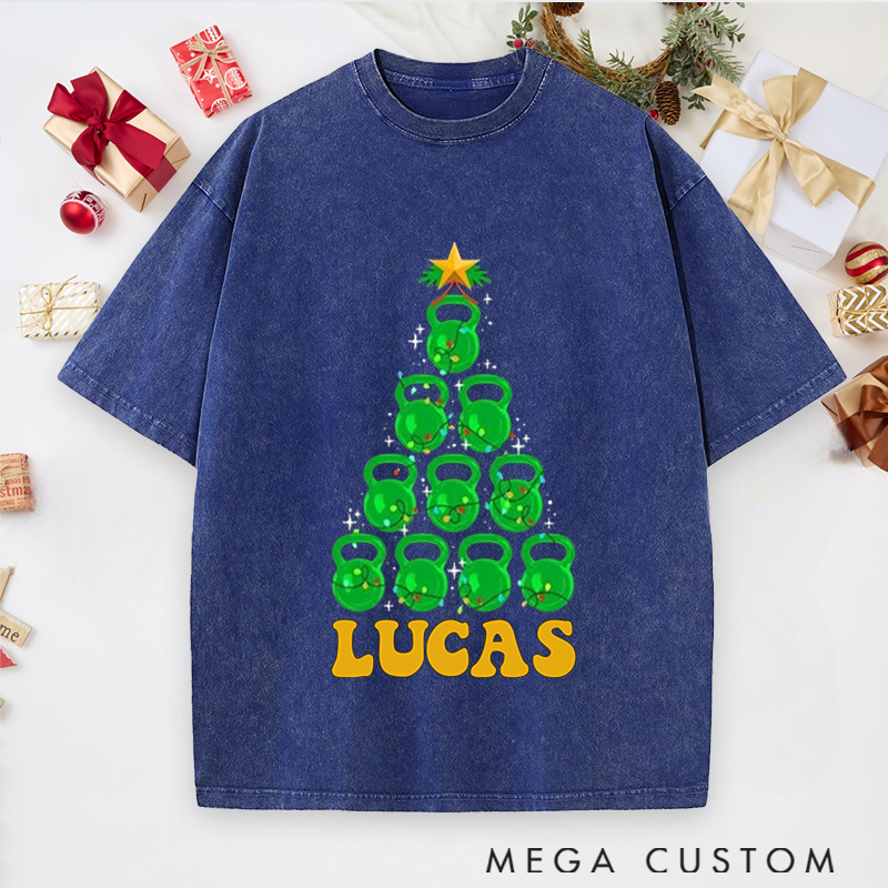 Personalized Gym Washed T-Shirts with Kettlebell Christmas Tree Fitness for Fitness Enthusiasts Bodybuilders and Gym Lovers