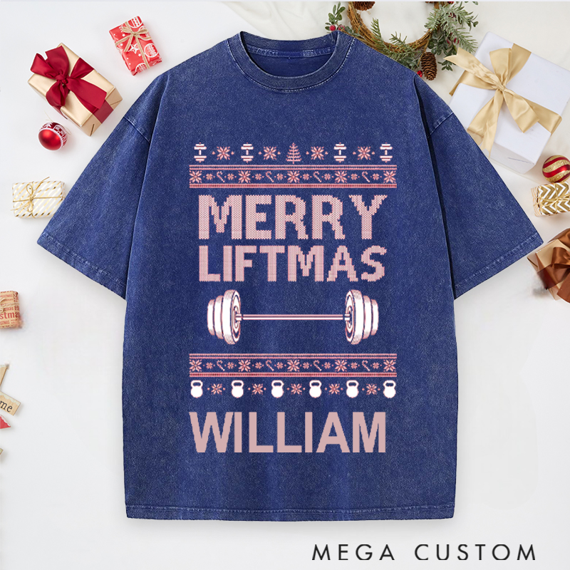 Personalized Gym Washed T-Shirts with Merry Liftmas Barbell and Kettlebell for Fitness Enthusiasts Bodybuilders and Gym Lovers