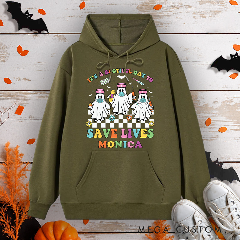 Personalized Hoodies for Nurse Customized It's a Boo-tiful Day to Save Lives Design Hoodies Halloween Nurse Hoodie