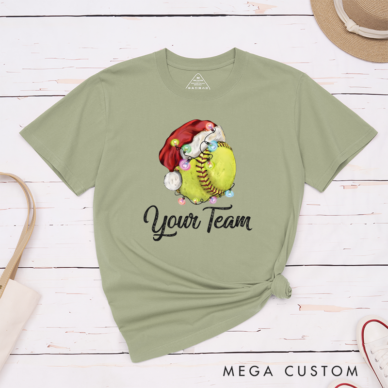 Personalized Softball Christmas T-Shirt with Festive Design and Custom Team Name