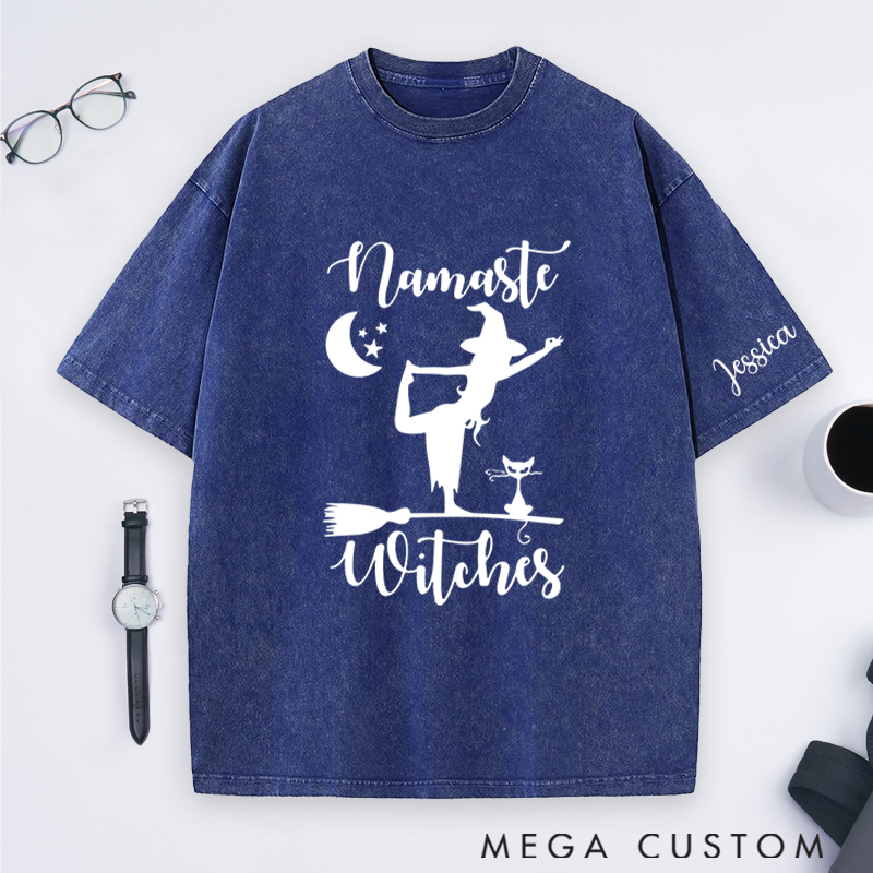 Personalized Namaste Witches Washed T-Shirt with Halloween Theme and Witch Yoga Design Perfect Gift for Yoga Lover and Halloween