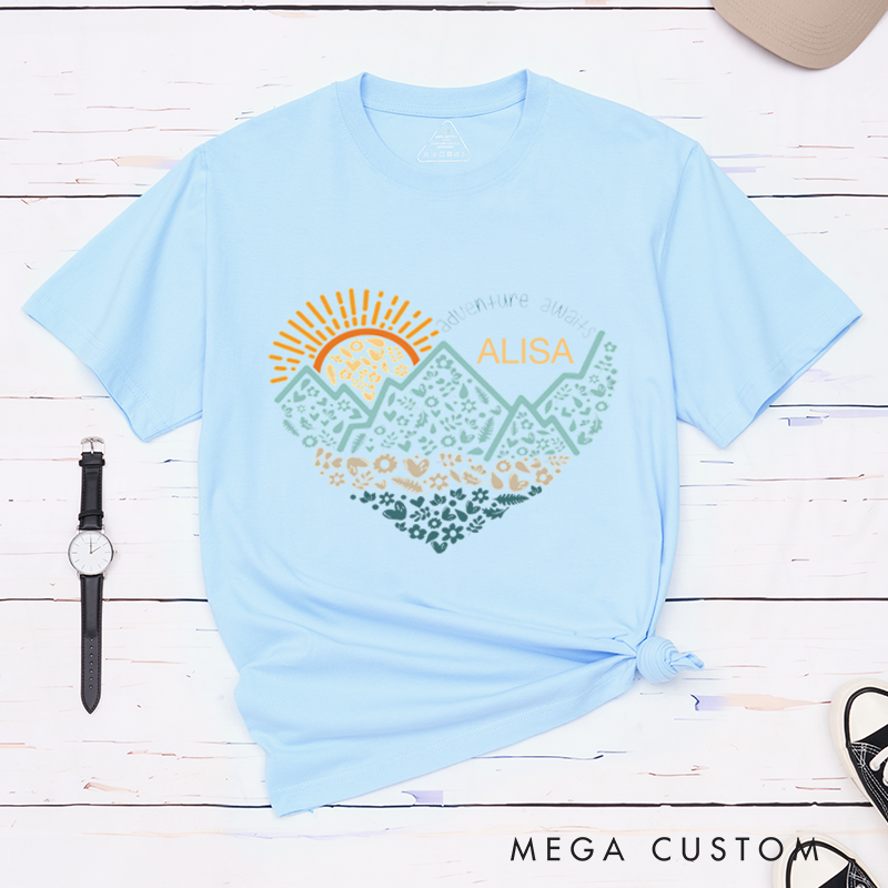 Personalized Adventure Awaits T-Shirt Wanderlust Explore  Nature Tee Shirt Outdoors Camp Gift