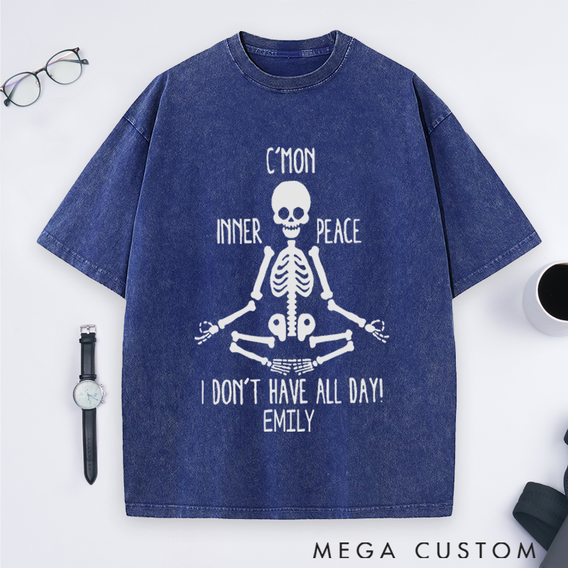 Personalized Skeleton Meditation Washed T-Shirt with Funny Inner Peace Design Perfect Gift for Yoga Lover and Daily Wear