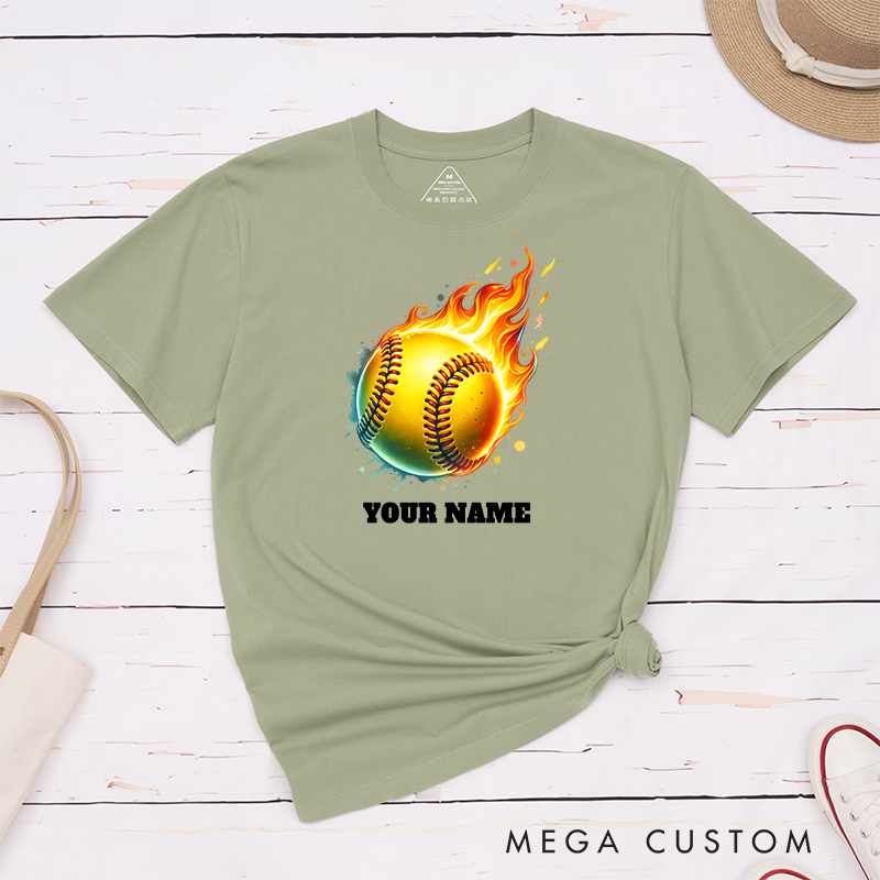 Personalized Fiery Softball T-Shirt Design Customizable Name Featuring a Dynamic Flaming Softball Graphic Perfect for Teams and Players