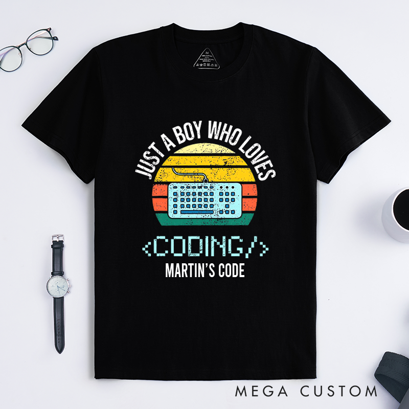 Personalized Just A Boy Who Loves Coding Computer T-Shirt Technology Programmer Enthusiasts Shirt Gift for Geek Nerd