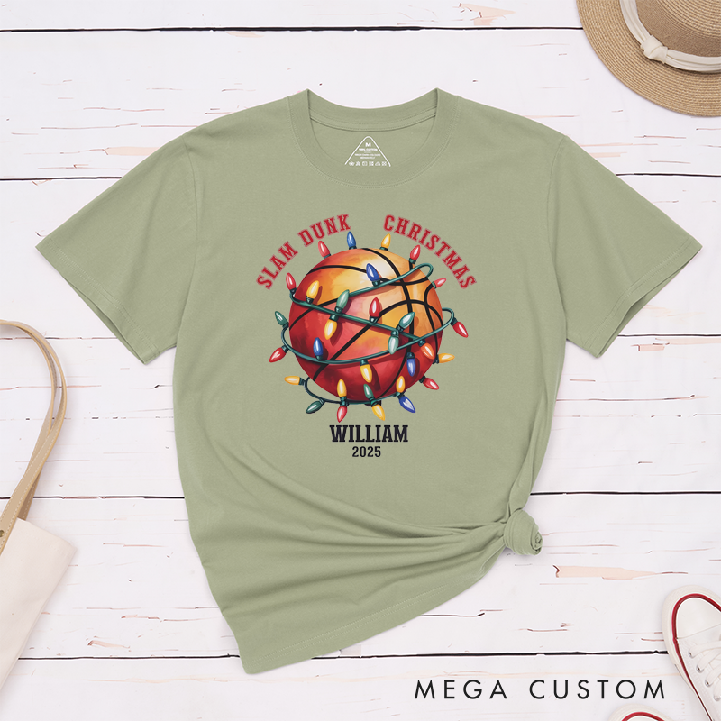 Personalized Christmas Basketball T-Shirt with Custom Name, Year, and Festive Holiday Lights Design