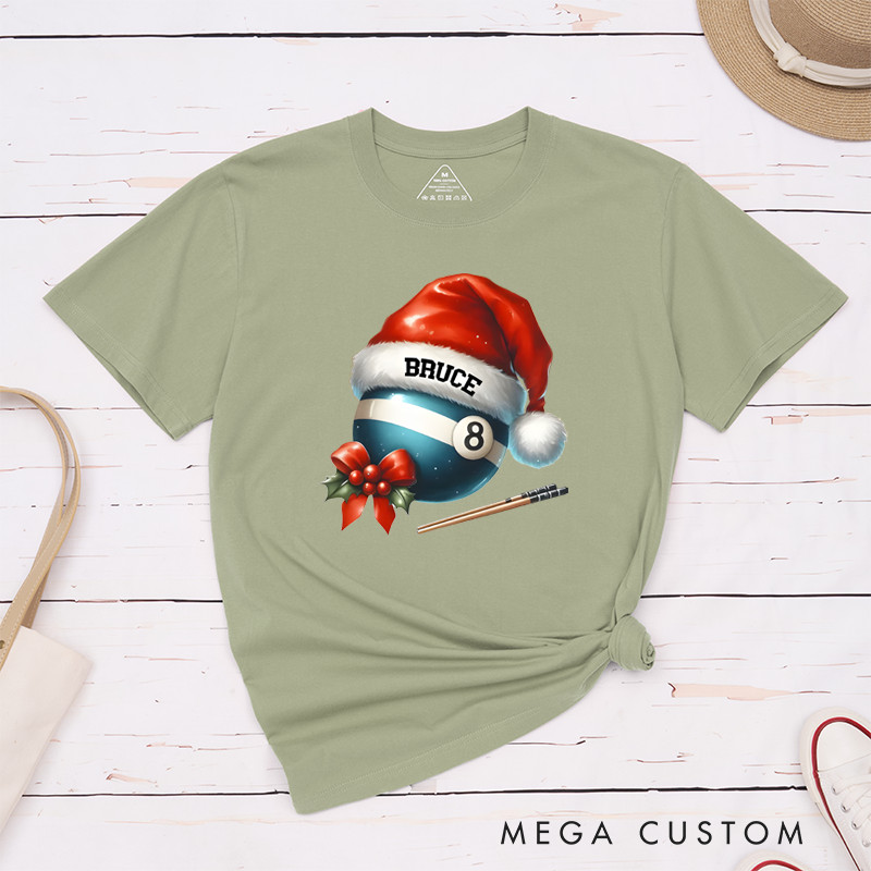 Personalized Christmas Billiards T-Shirt with Custom Name, Santa Hat, and Festive Design
