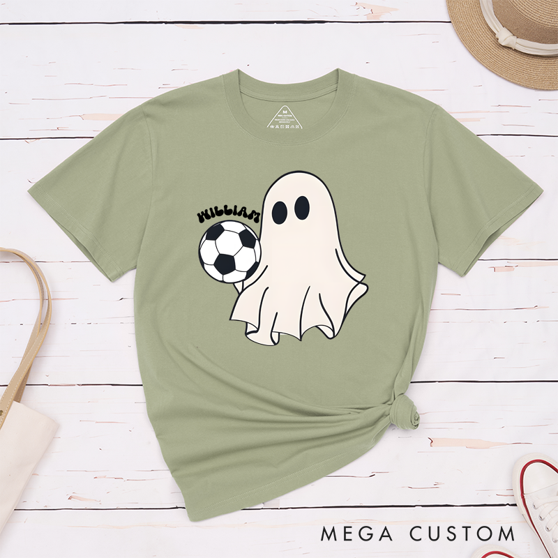 Personalized Halloween Soccer T-Shirt with Cute Ghost, Soccer Ball, and Custom Name Design