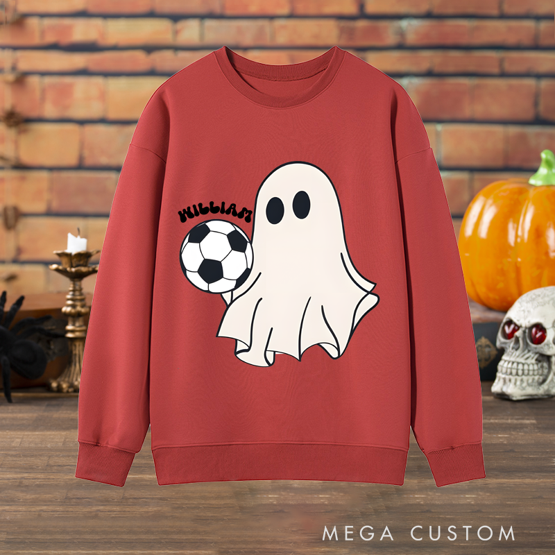 Personalized Halloween Soccer Sweatshirt with Cute Ghost, Soccer Ball, and Custom Name Design