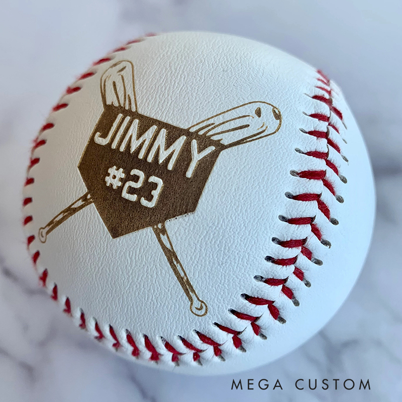 Personalized Baseball with Custom Name Number and Crossed Bats Design 