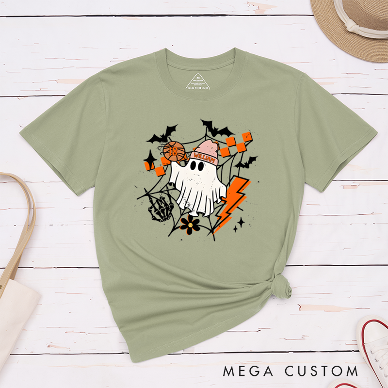 Personalized Halloween T-Shirt with Ghost, Basketball, Custom Name, and Number Design