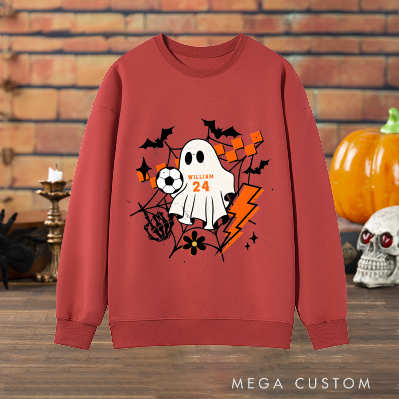 Personalized Halloween Sweatshirt with Ghost, Soccer Ball, Custom Name, and Number Design