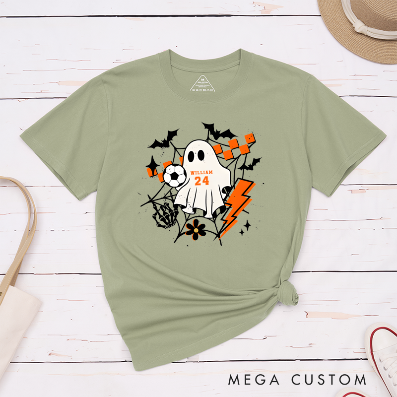 Personalized Halloween T-Shirt with Ghost, Soccer Ball, Custom Name, and Number Design