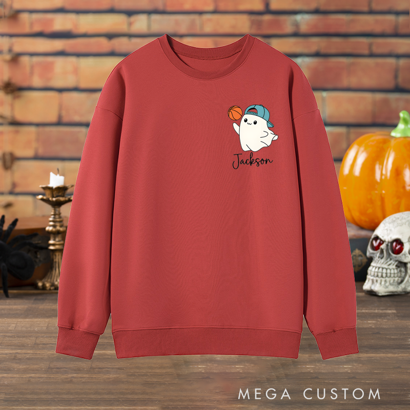 Personalized Halloween Sweatshirt with Cute Ghost, Basketball, and Custom Name Design