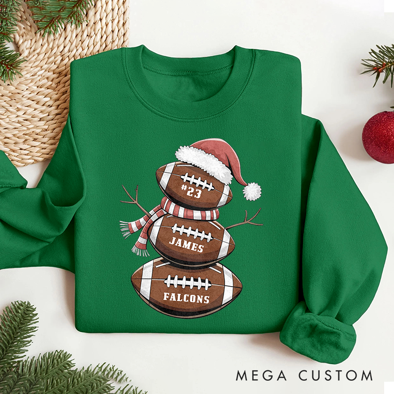 Personalized American Football Snowman Sweatshirt with Custom Name and Number for Cozy Up with Holiday Cheer