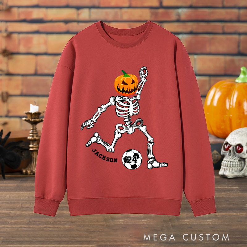 Personalized Halloween Sweatshirt with Skeleton, Pumpkin Head, Soccer Ball, Custom Name, and Number Design